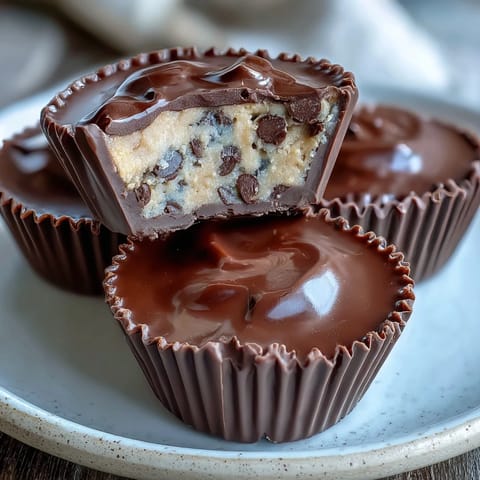 Decadent homemade peanut butter cups stuffed with rich chocolate chip cookie dough, a dreamy dessert fusion.  