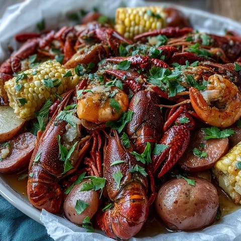 A steaming Cajun crawfish boil with corn, potatoes, and sausage, seasoned with bold spices and served on a newspaper-covered table.