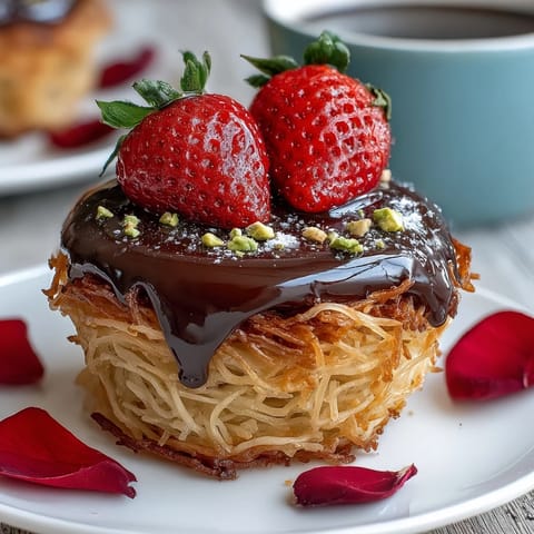 Vibrant Dubai-style strawberry cups with kataifi pastry and dark chocolate, garnished with pistachios and rose petals.