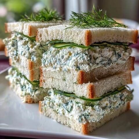 Creamy cucumber and fresh herb Benedictine tea sandwiches garnished with thin cucumber slices and dill sprigs for a Southern classic.