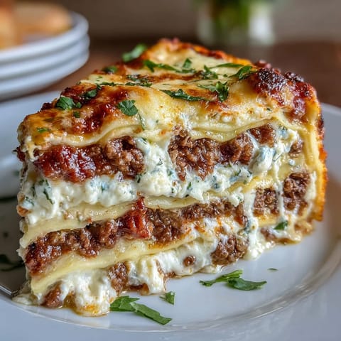 A hearty slice of Ultimate Comfort Food Lasagna with Ricotta, showcasing rich meat sauce and melted mozzarella layers.