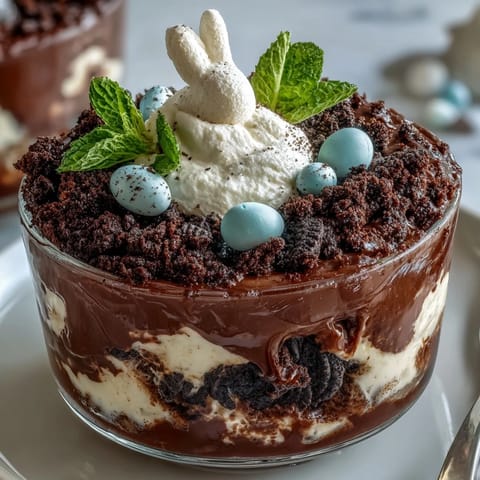 Whimsical Easter Bunny Dirt Cups with chocolate pudding, crushed Oreos, and marshmallow bunnies in clear cups for a fun spring treat.  