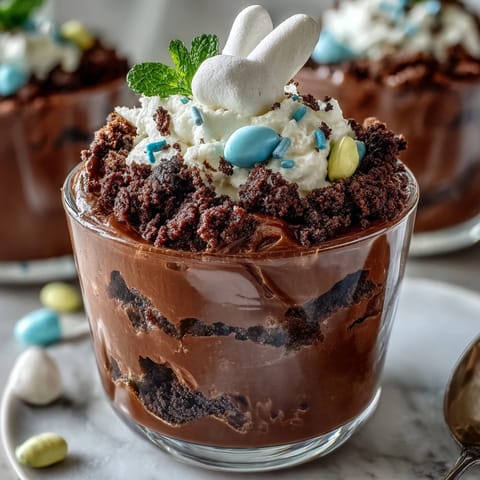 Festive Easter Bunny Dirt Cups layered with rich chocolate pudding, Oreo crumbles, and pastel sprinkles for a playful holiday dessert.  