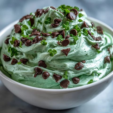 Festive mint chocolate chip dip with creamy texture, green swirls, and shamrock sprinkles—perfect for St. Patrick's Day celebrations.