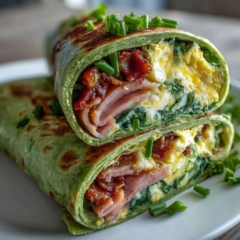 Fluffy scrambled eggs, savory ham, and fresh herbs wrapped in vibrant spinach tortillas for a colorful, nutritious breakfast.