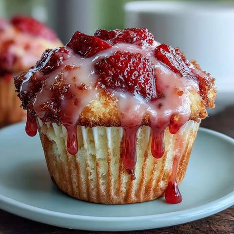 Fresh strawberry muffins with a bright lemon glaze, baked golden and bursting with juicy berries.