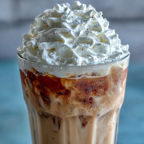 Iced Vanilla Bean Frappuccino with Coconut Whipped Cream served in a tall glass, topped with fluffy coconut cream and a sprinkle of vanilla bean powder.