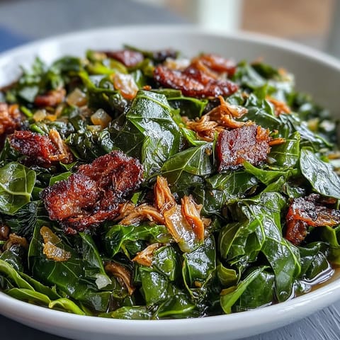 Hearty Southern collard greens simmered with tender smoked turkey and sweet onions, rich in savory broth and bold seasonings.