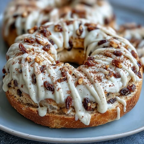 High-protein cinnamon raisin bagels topped with tangy Greek yogurt glaze, perfect for a nourishing breakfast.  