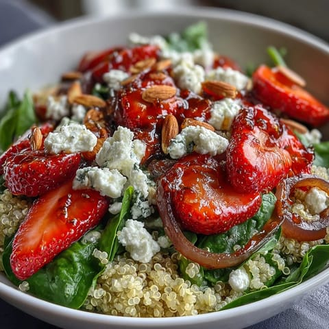 A colorful quinoa salad with juicy strawberries, creamy feta, and a tangy balsamic dressing, perfect for a light spring meal.