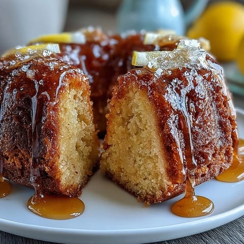 Lemon drizzle loaf cake with glossy glaze and golden crust, perfect for afternoon tea or dessert.