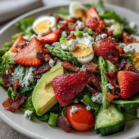 Spring Cobb Salad with Strawberries and Avocado, a vibrant mix of fresh greens, juicy berries, creamy avocado, and tangy feta.  