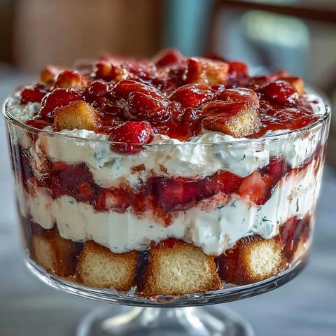 Layered Mothers Day strawberry shortcake trifle with fresh berries and whipped cream in a glass bowl.  