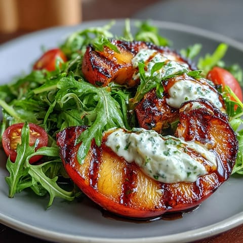 Grilled Peach and Burrata Salad with arugula, cherry tomatoes, and balsamic glaze for a summery vegetarian dish.
