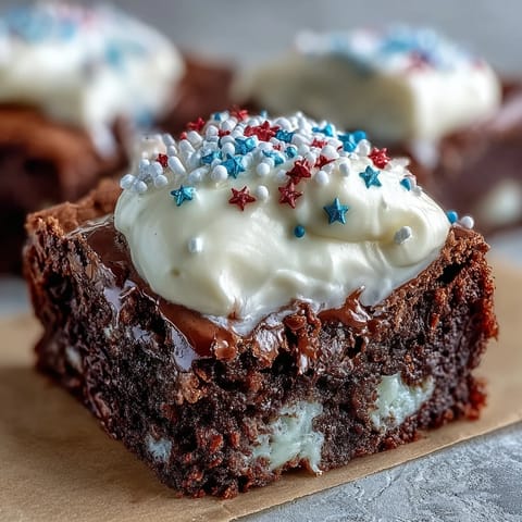 Festive 4th of July Firecracker Brownie Bites with creamy frosting and red, white, and blue sprinkles.  