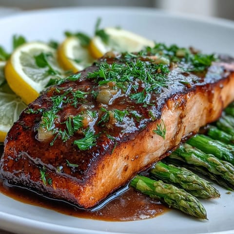 Garlic Butter Salmon with Asparagus sizzling in a skillet, coated in golden garlic butter sauce with tender asparagus spears.