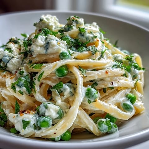 Bright lemon ricotta pasta with tender peas and al dente linguine, garnished with fresh parsley and Parmesan.