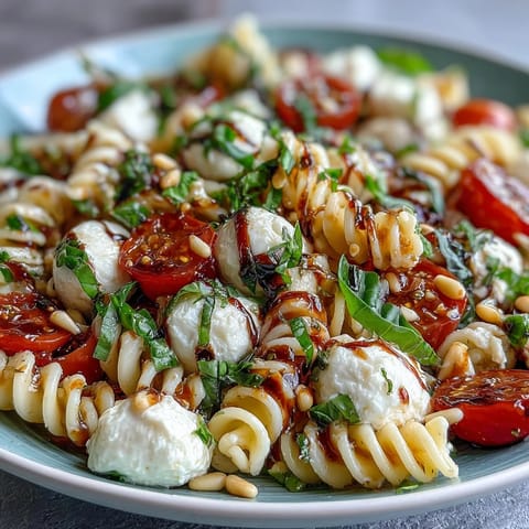 Vibrant summer pasta salad with cherry tomatoes, mozzarella, and fresh basil in a light balsamic dressing.