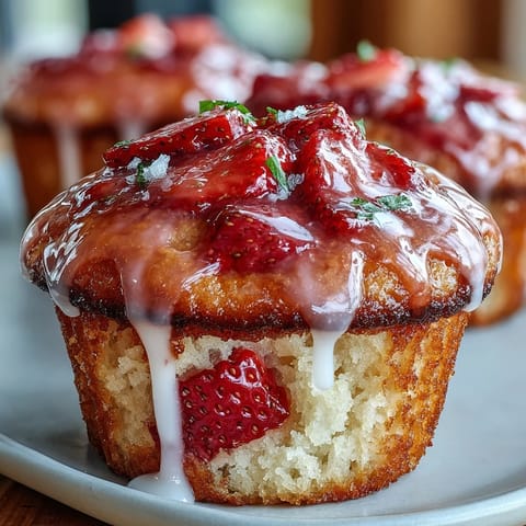 Fluffy strawberry lemon muffins with a glossy lemon glaze, perfect for a bright spring brunch or breakfast treat.  