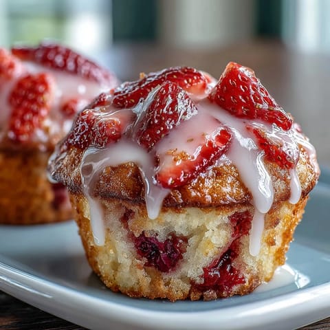 Golden muffins bursting with juicy strawberries and zesty lemon, topped with a tangy-sweet glaze that glistens in the light.  