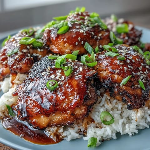 Honey garlic chicken thighs in rich sauce over jasmine rice, garnished with sesame seeds and green onions.