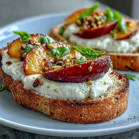 Honey peach burrata toast with golden peaches, creamy cheese, and honey drizzle on rustic sourdough.
