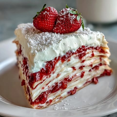 A gorgeous layered strawberry crepe cake with delicate crepes and fresh strawberries.  