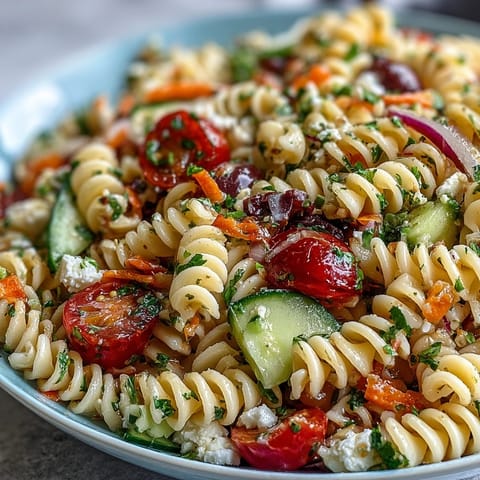 Colorful Memorial Day pasta salad with fresh veggies and zesty Italian dressing.
