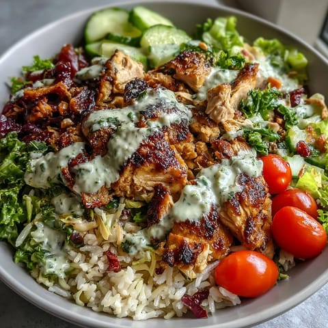 Colorful Middle Eastern Shawarma Bowl brimming with spiced chicken, fresh veggies, fluffy rice.