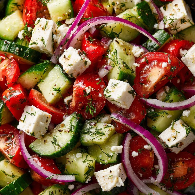 A salad of cucumbers and tomatoes with feta cheese.