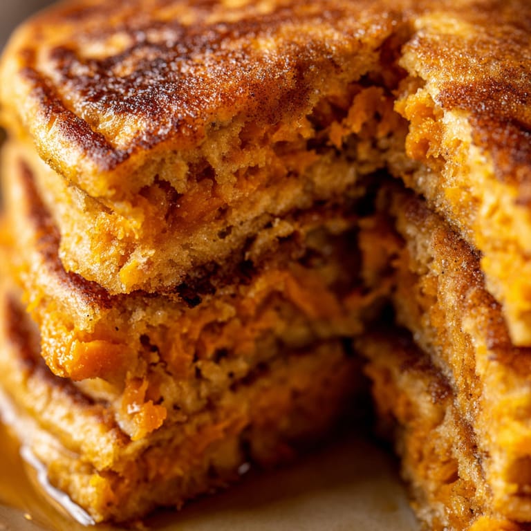 A stack of pancakes with caramel sauce.