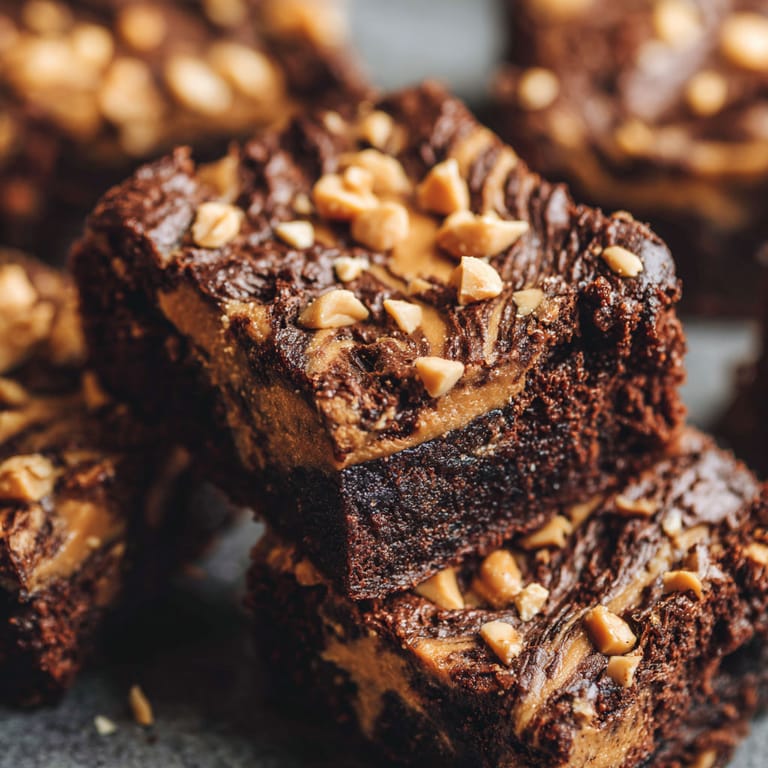 A close up of a delicious peanut butter chocolate swirl brownie.