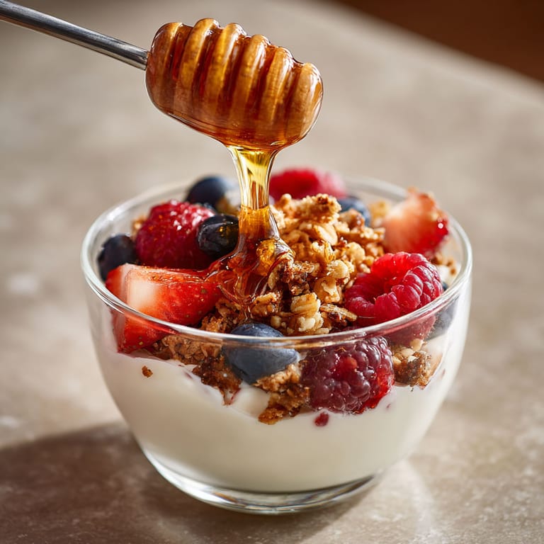 A bowl of granola and honey yogurt.