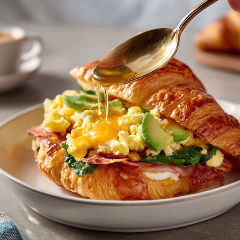 A croissant breakfast sandwich with ham and cheese.