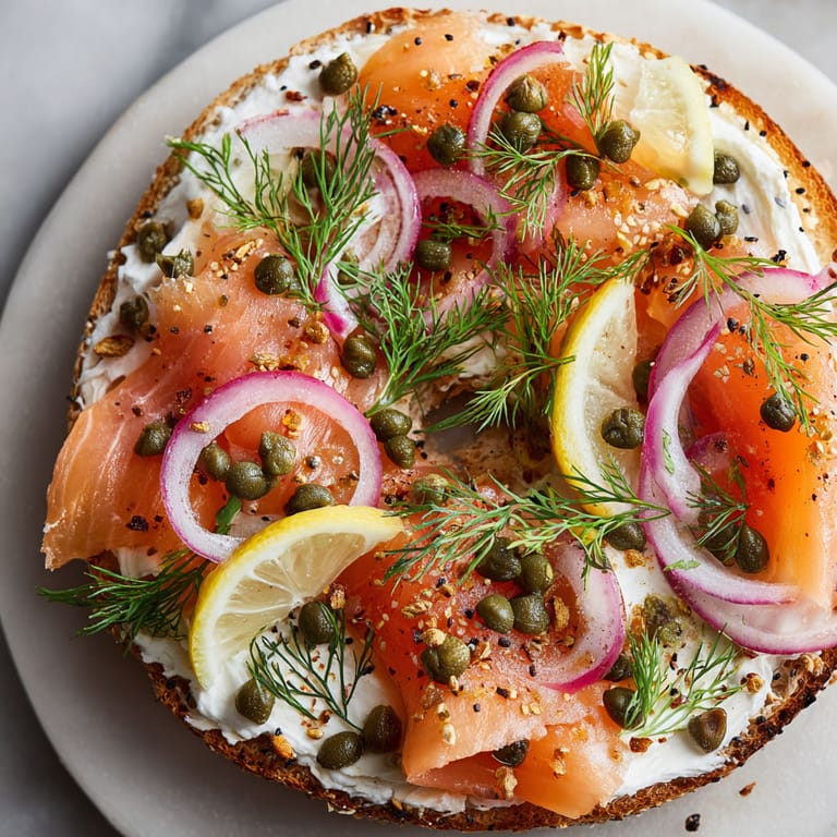 A bagel with smoked salmon, capers, and cream cheese.