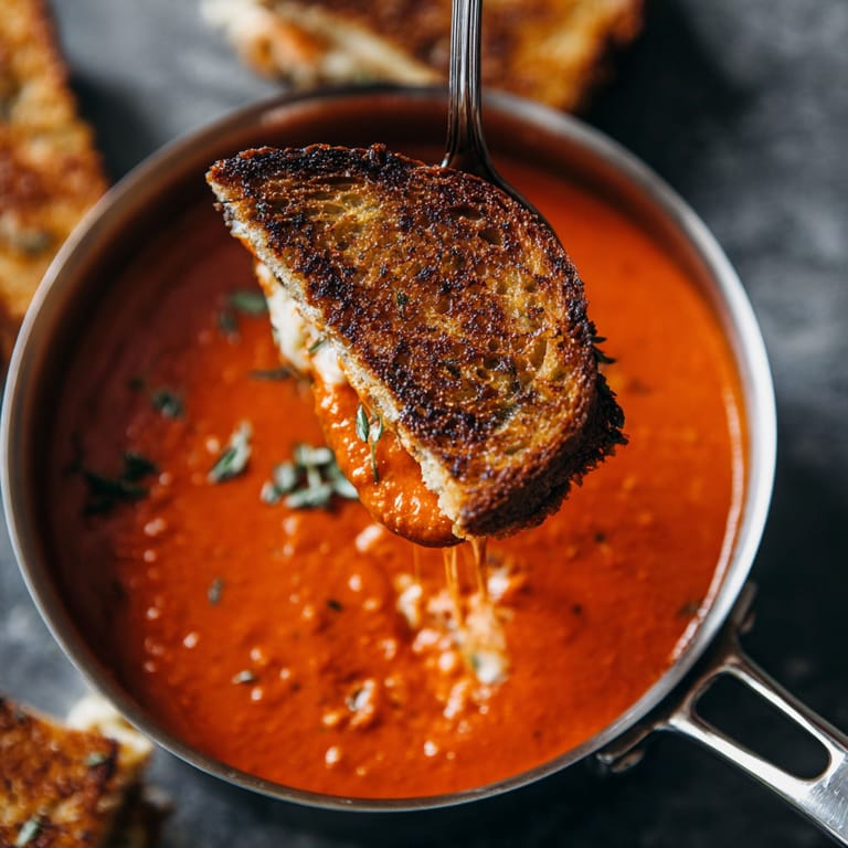 A spoon is in a bowl of creamy tomato soup with grilled cheese.