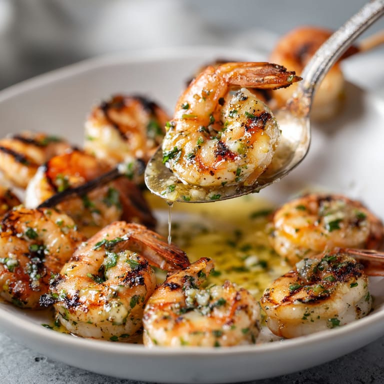 A spoon is being used to scoop up some grilled shrimp.