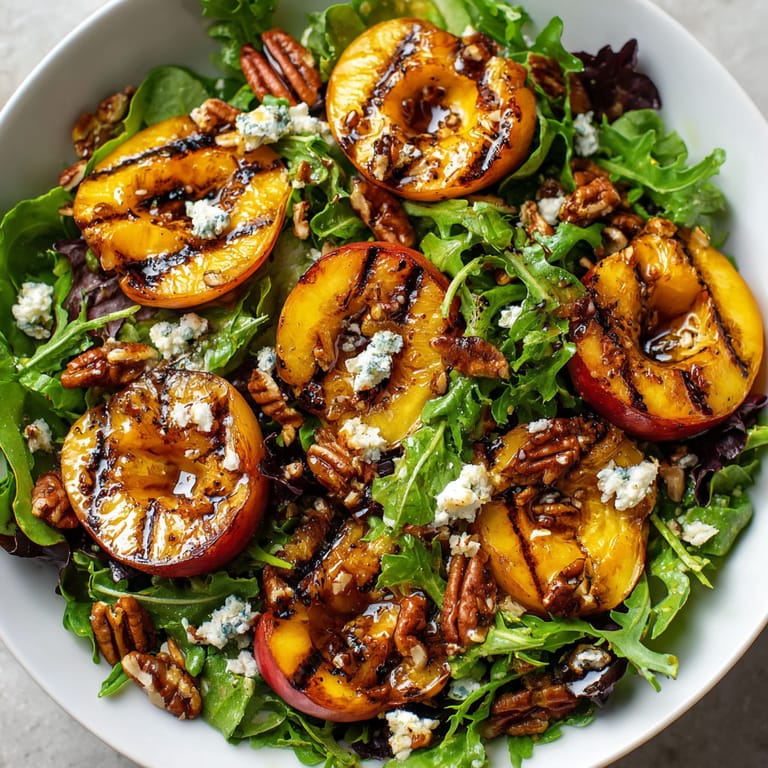 A bowl of salad with peaches, pecans, and blue cheese.