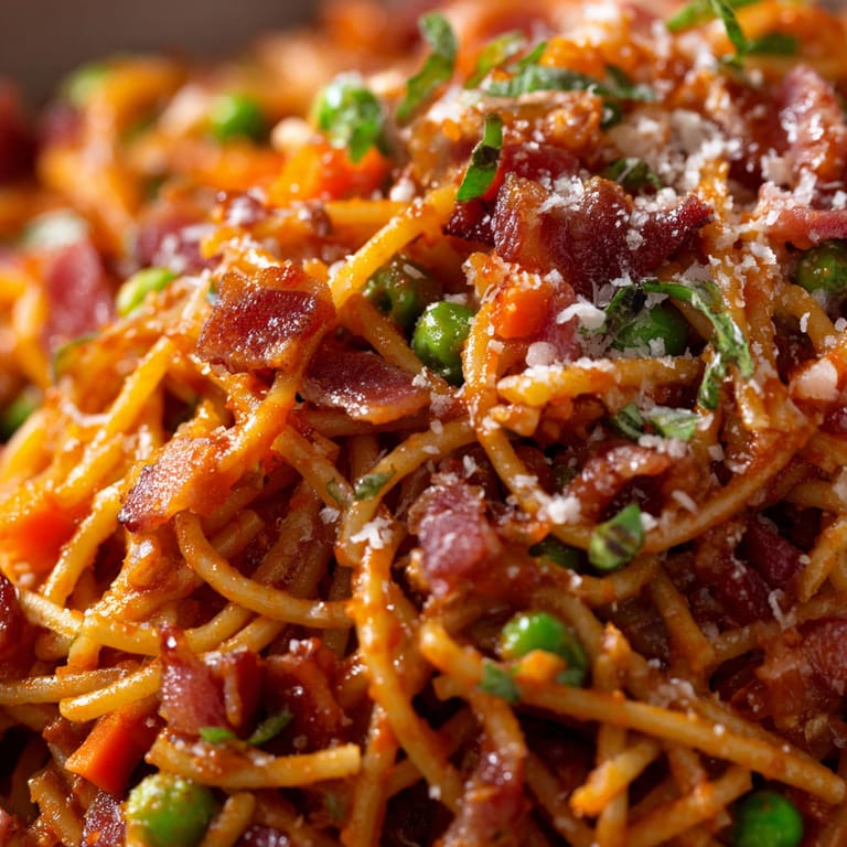A close up of spaghetti bolognese with smoky bacon and peas.