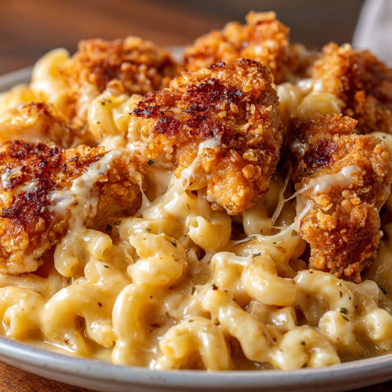 A plate of food with chicken and macaroni.