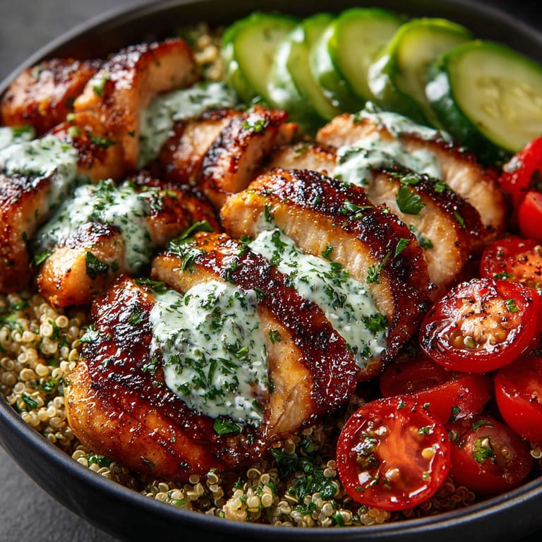 A bowl of food with chicken, tomatoes, and cucumbers.