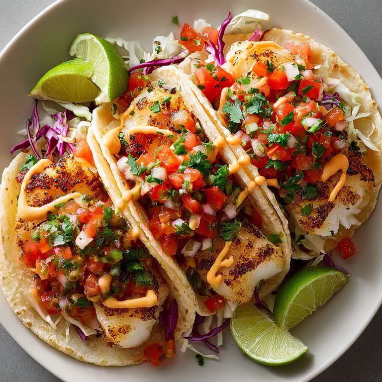 Grilled fish tacos with spicy mayo and pico de gallo.