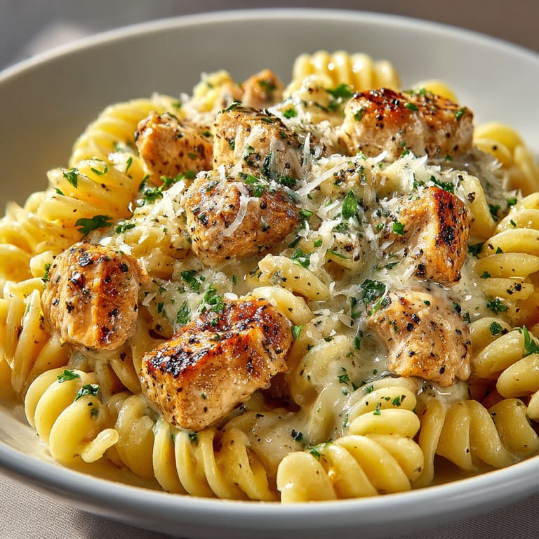 A bowl of pasta with chicken and cheese.