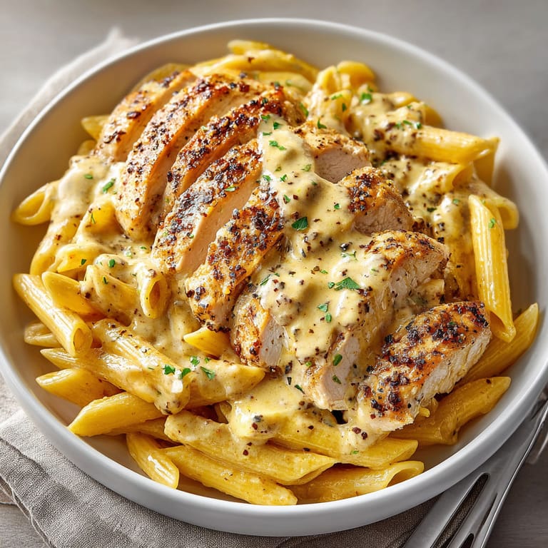 A bowl of pasta with chicken and cheese.