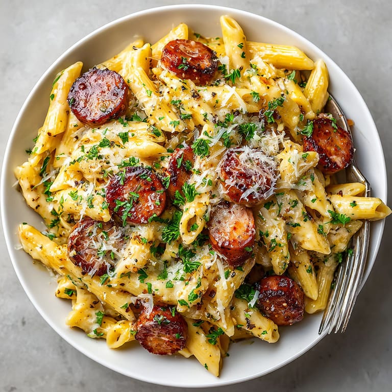 A bowl of pasta with sausage and cheese.