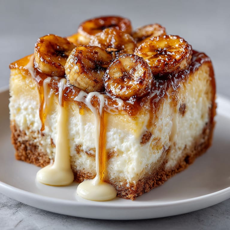 A slice of cheesecake with caramelized bananas on top.