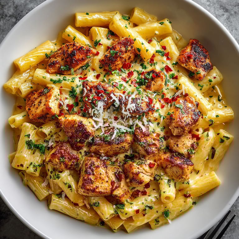 A bowl of spicy cajun honey butter chicken pasta.