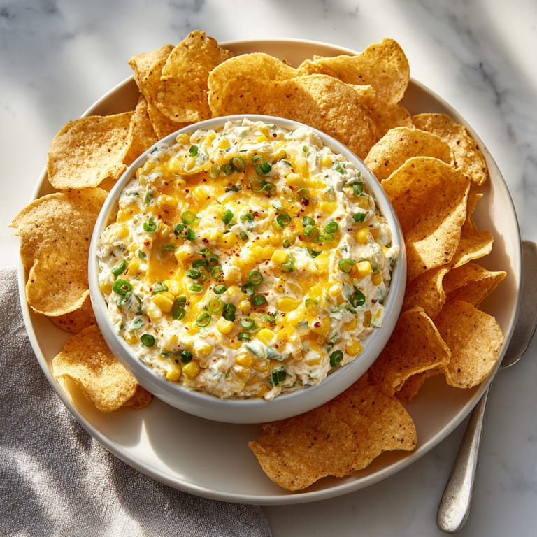 A bowl of jalapeno corn dip with tortilla chips.