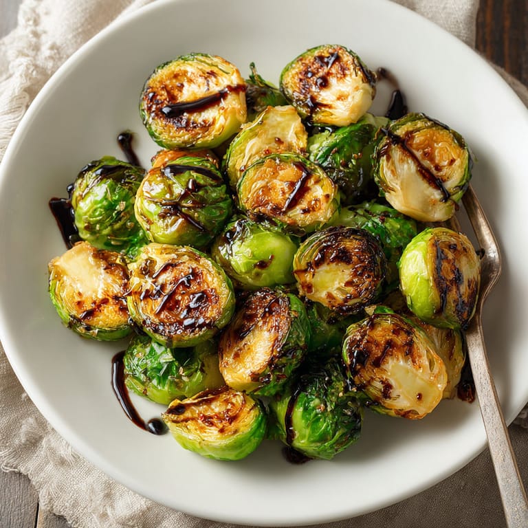 A plate of cooked Brussels sprouts with a sweet and sour sauce.