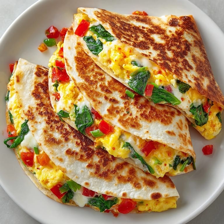 Plate of Cheesy Spinach Breakfast Quesadillas cut into wedges, oozing with savory filling.